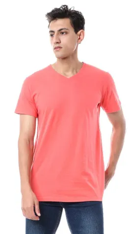 57986 Basic V-Neck Solid T-Shirt - Coral Red