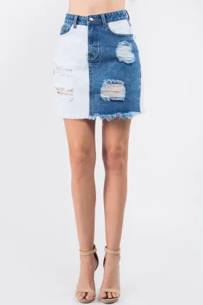 Contrast Patched Frayed Denim Distressed Skirts