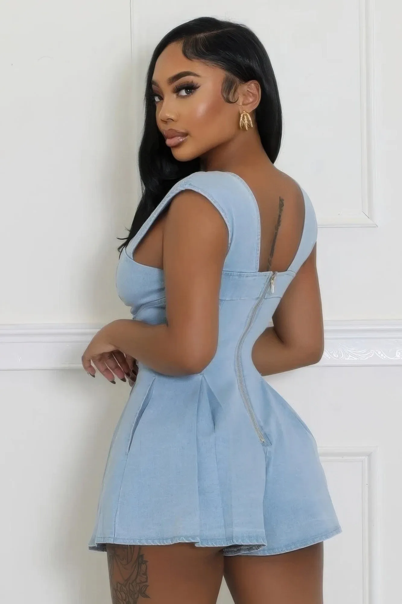 Denim, V-neck Stretch Romper for Women