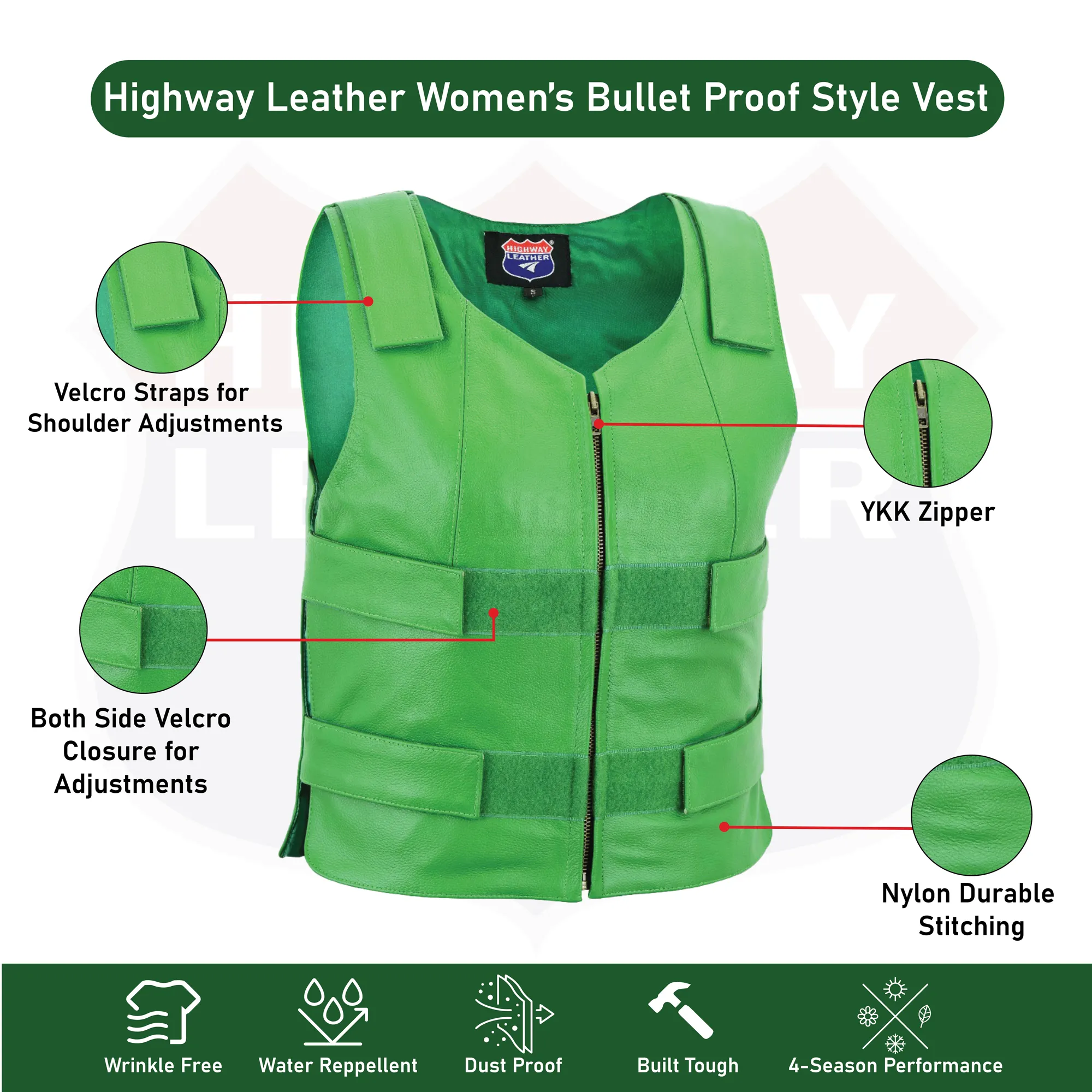 HL14945Green  WOMEN Bulletproof Style Leather vest designs for Bikers Clubs