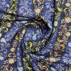 Navy Blue Lurex Paisely kani Print Cotton Linen Fabric