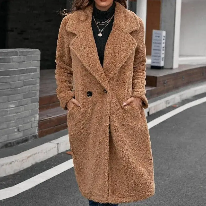 Single-breasted Mid-plush Trench Coat Loose-collar Lambswool