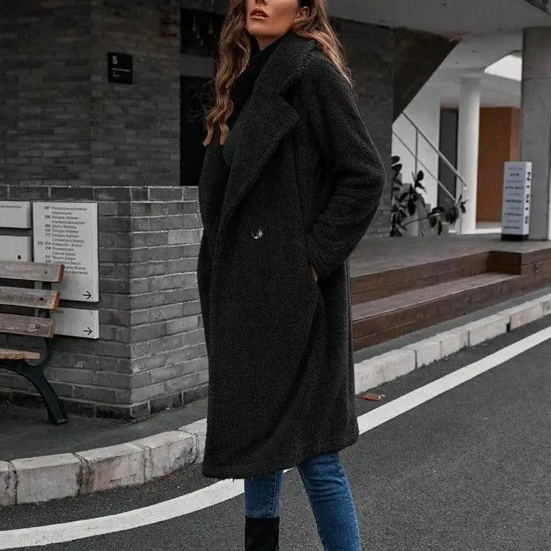 Single-breasted Mid-plush Trench Coat Loose-collar Lambswool