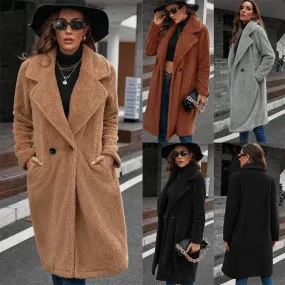 Single-breasted Mid-plush Trench Coat Loose-collar Lambswool