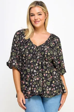 Voluptuous ( ) V-neck  Balloon Slv Floral Babydoll Top for Women